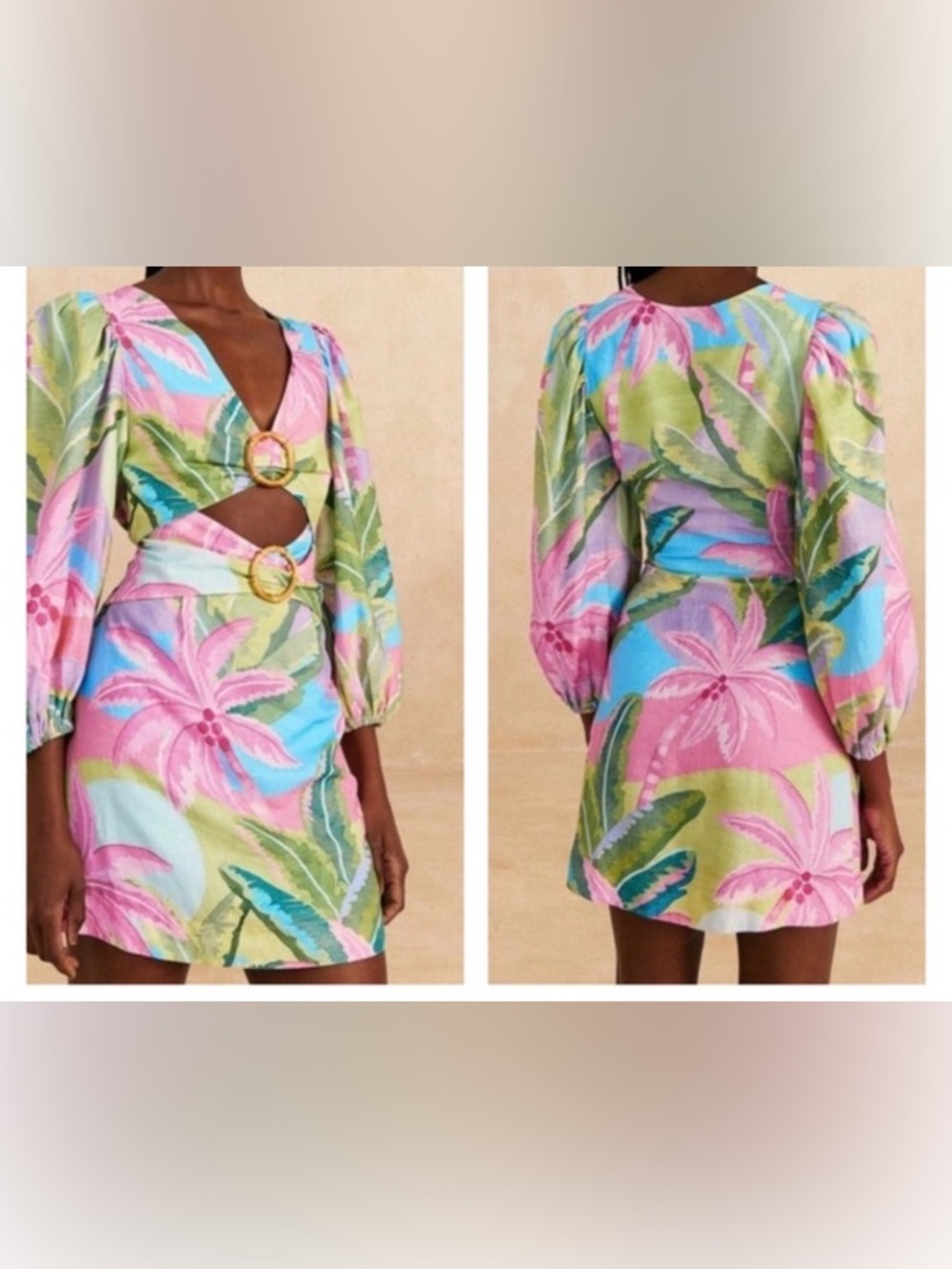 FARM RIO BEACH VIBE CUTOUT LINEN-BLEND MINI DRESS Women’s Size L